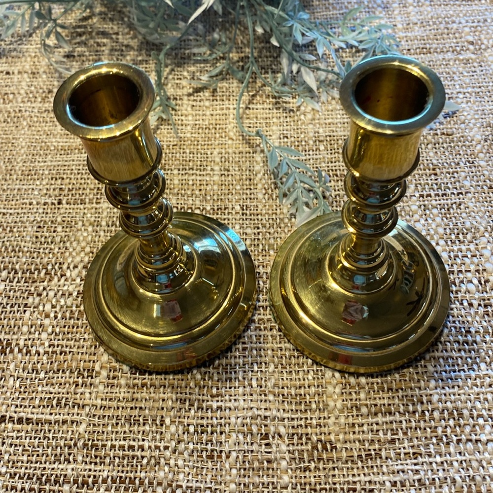 Vintage pair heavy solid brass taper candlesticks. Excellent condition